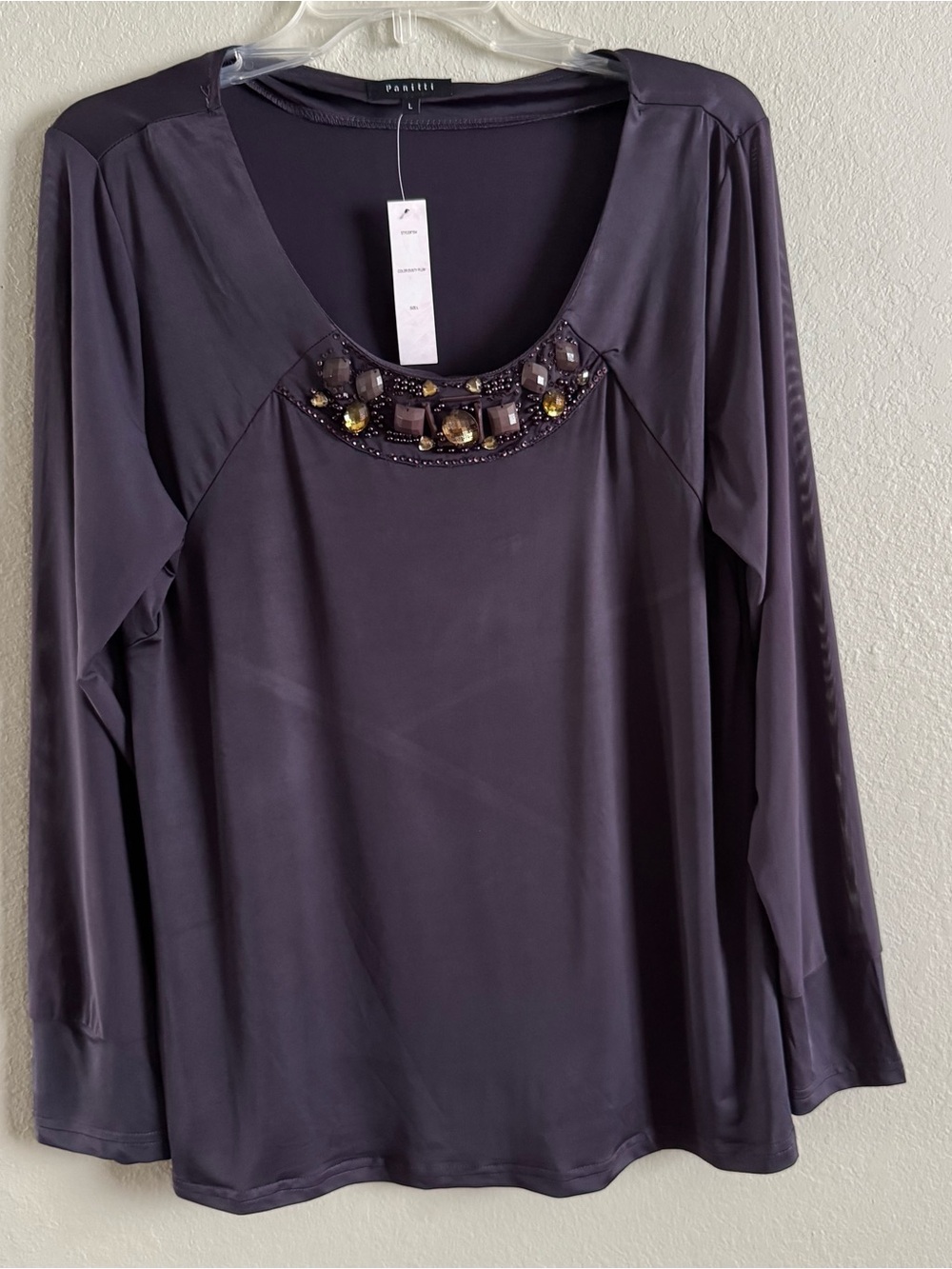 NWT Panitti Embellished Neckline Blouse Sheer Size Large Purple Long Sleeve Top